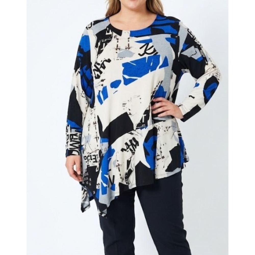 Chalet et ceci Asymmetric Graphic Top XL Blue Black Abstract Lagenlook Stretch